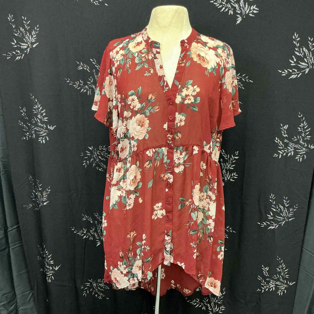 Torrid Rust Red Floral Chiffon Babydoll Tunic Top Button‎ Front High Low Size 1